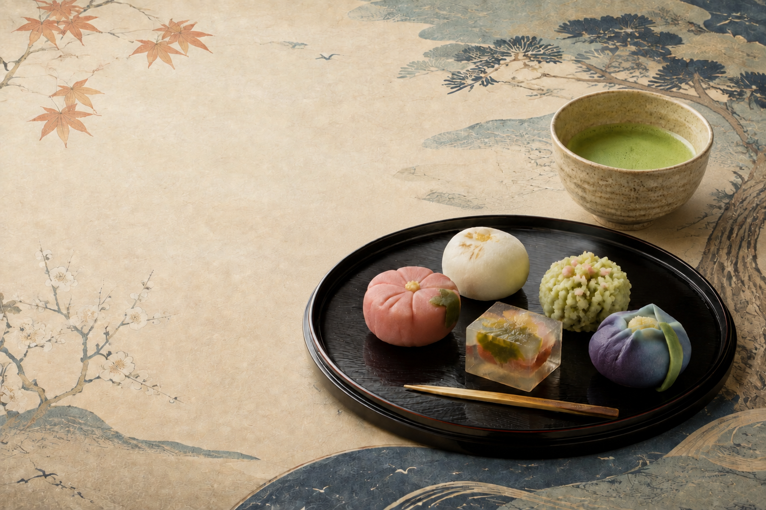漆の盆に並ぶ四季の和菓子と抹茶