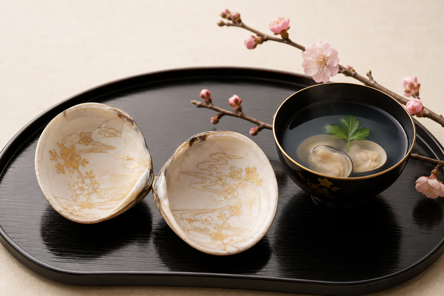 蛤と貝合わせをイメージした春の食卓